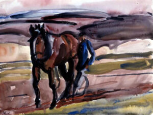 Friedrich Karl Ströher, Pflüger mit Pferd, Irmenach ca. 1923, Aquarell auf Papier, Inv.-Nr.: 2.3.64