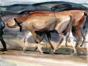 Friedrich Karl Ströher, Ziehende Kühe, Irmenach ca. 1923, Aquarell auf Papier, Inv.-Nr.: 2.3.65